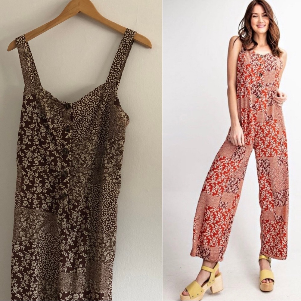 NWT Patchwork floral wide leg jumpsuit in brown